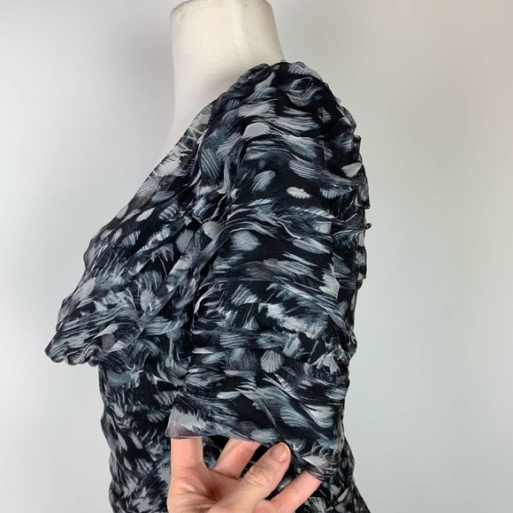 TADASHI SHOJI Draped Silk Sheath Dress Watercolor Black Gray White Scoop Neck 8 - Picture 3 of 10